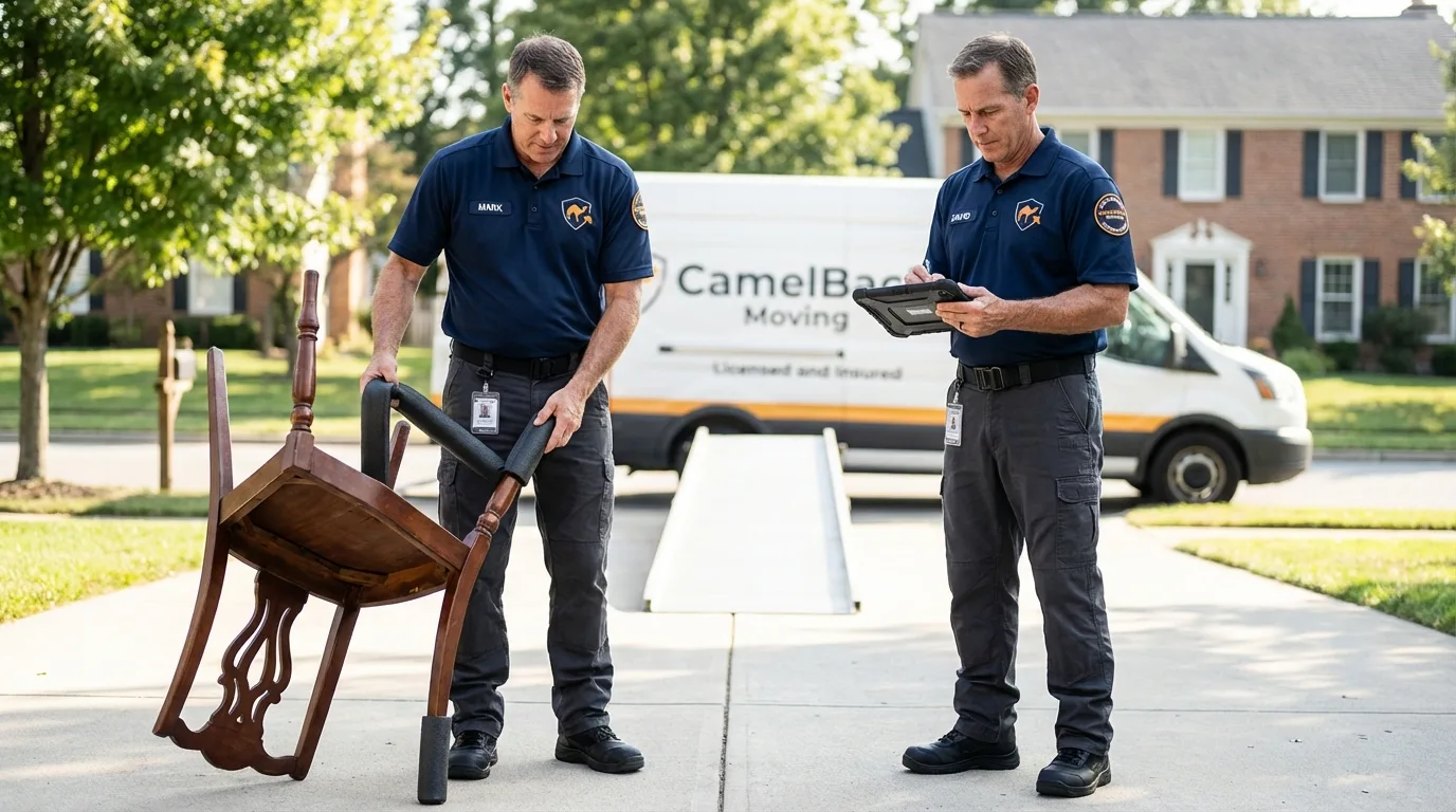 Movers inspecting furniture for damage prevention before loading in Stevenson, WA