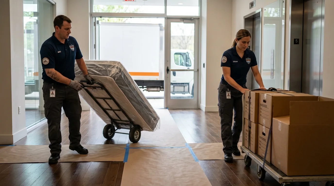Professional apartment movers loading elevator in Stevenson, WA